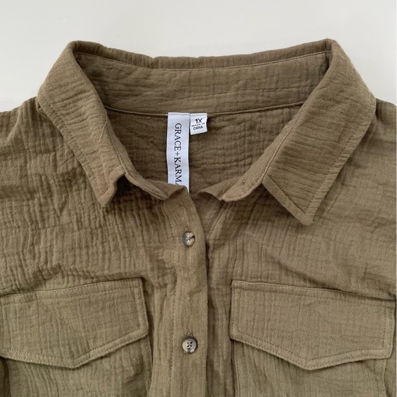 Grace + Karma Women's Olive Green Double Gauze Button Down Shirt Size 1X, NWT - Picture 3 of 7